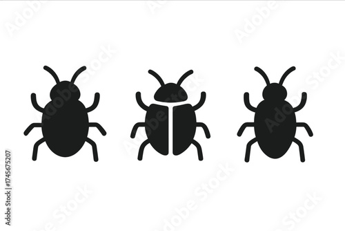 Bug insect icon set. Computer virus symbol. Malware pictogram. Software error sign. Pest control logo collection. Simple beetle silhouette. Entomology graphic element vector.