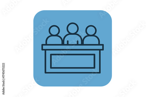 Jury icon with jurors in court. Legal concept of justice, law, and trial. Committee or panel of judges at a hearing making a verdict or decision. Vector illustration.