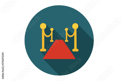 Red carpet flat icon with long shadow. Vector illustration for VIP events. Symbol of premiere, award ceremony, celebrity, and success. Luxury entrance with golden barriers.