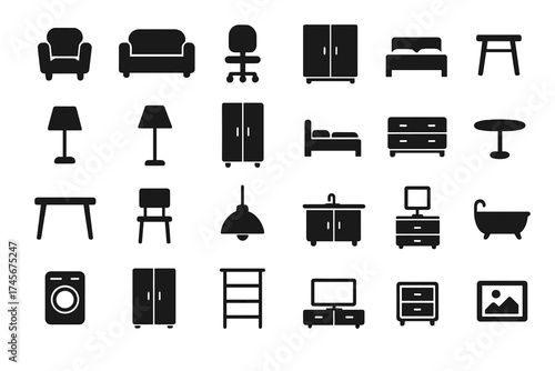 Furniture interior icon set. 25 simple black glyphs for web and app design. Vector household objects collection. Living room, bedroom, bathroom minimal pictogram symbols.