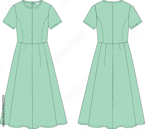 Technical flat sketch of women’s midi dress front and back view, short sleeves, fitted bodice, flared skirt, garment construction illustration