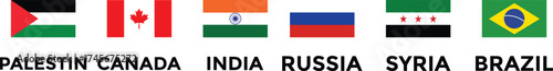 Set of flags of countries. Collection of world national flags with country names. Set of international country flags. Palestine, Canada, China, Syria, Russia, Brazil, Sweden, India Flag icon collectio