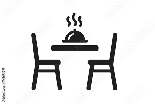 Restaurant dinner for two icon. Romantic date concept with table, chairs and hot food serving cloche. Fine dining, gourmet meal and catering service vector pictogram symbol.