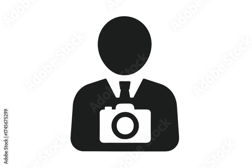 Photographer icon with camera. Symbol of journalist, press, or media. Man in suit avatar for user profile. Flat vector for web design, logo, app, UI. Paparazzi concept.