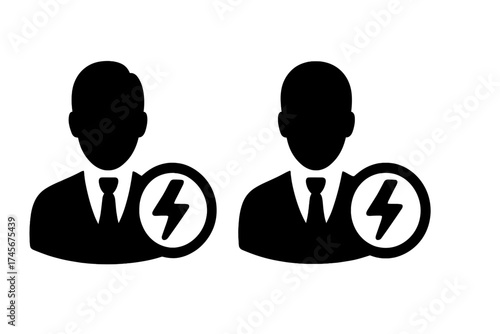 User icon with power symbol. Businessman avatar. Active user or premium account concept. Energy boost or charged status. Simple flat vector for web, app, logo, UI design.