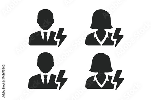 Set of user power icons with lightning bolt. Male and female business people avatars. Symbol of energy, activity, and professional expertise for web, logo, app, and UI design.