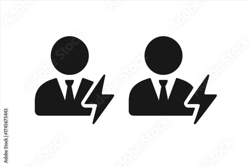 Businessman with lightning bolt icon. User power symbol. Concept of energy, speed, efficiency, productivity. Professional expert manager. Vector for web, logo, app, UI design.