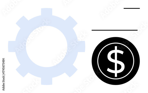 Minimalistic gear icon beside a dollar sign symbolizing productivity and financial success. Ideal for automation, finance, investment, technology, economy, workflow, success. Simple flat metaphor