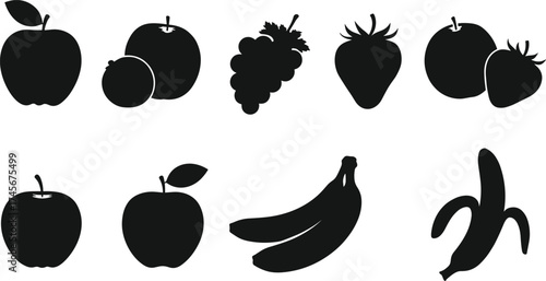 Fruit silhouette illustration, apple orange grape strawberry banana tomato vector, black fruit icons, healthy food design, tropical diet art, isolated graphic