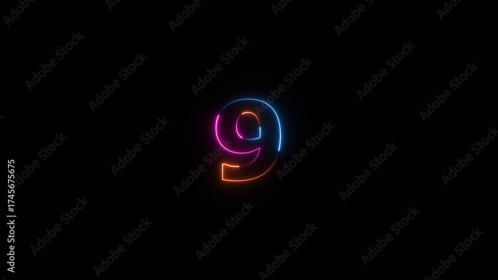 Fototapeta premium Neon countdown number 9 icon illustration background 4K.