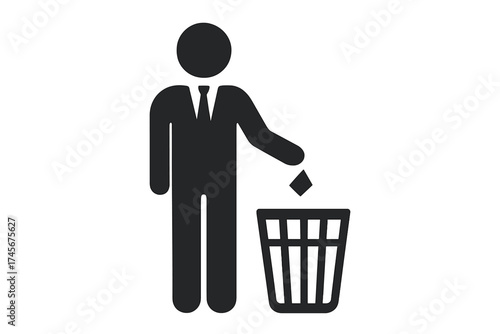 Business man icon throwing trash in bin. Symbol of responsible professional, environmental care, cleanliness concept, flat design silhouette with tie for website, app, UI
