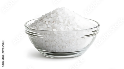 Sea Salt Crystals Pile in a Clear Glass Bowl Isolated on White Background Studio Shot