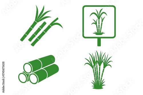Sugarcane vector icon set. Sugar cane plant, agricultural crop, and harvested stalks. Green symbols for sugar production, food industry, natural sweetener, ethanol, and biofuel.