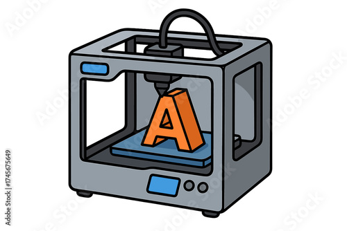 3D printer machine vector icon. Additive manufacturing and rapid prototyping technology concept. Futuristic engineering and design. Printing a 3d model letter A object isolated.