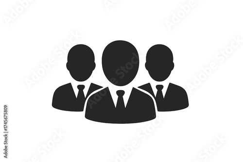 Business group icon, user symbol of three people in suits and ties, professional team flat style vector illustration for website design, logo, app UI isolated on white background