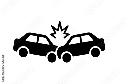 Car crash vector icon. Traffic accident and vehicle collision symbol. Simple silhouette for auto insurance claim, emergency services, and road safety concept. Auto damage.