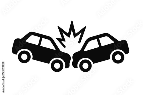 Car crash icon. Two cars in a head-on collision. Road accident symbol for insurance and traffic safety concepts. Vector illustration of a vehicle wreck and automobile damage.