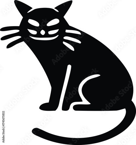 A simple and elegant vector illustration of a sitting black cat silhouette. This isolated graphic icon features a stylized domestic feline with a cunning look