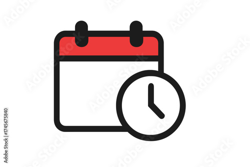 Calendar and clock icon. Time and date symbol. Schedule, appointment, event reminder concept. Planning, management, deadline. Flat design vector for web, logo, app, UI.