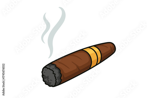 Lit cigar with rising smoke. Vector icon symbol of success, authority, and wealth. Cartoon stock illustration for casino, gambling, mafia, gangster, or luxury concepts.