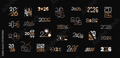 2026 numbers set. New Year logo white gold text design. Collection of different style digit. Hand drawn geometric minimalist luxury figure collection