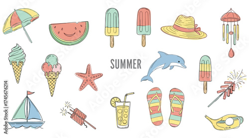 Vector art of summer themed doodle set with various elements like ice cream, watermelon, dolphin