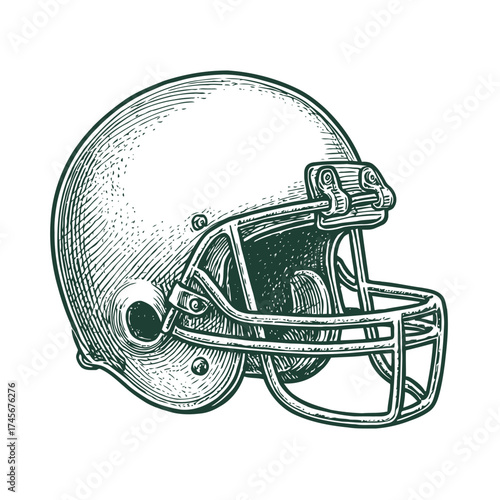 Vintage american football helmet illustration with dark green engraving style on black background