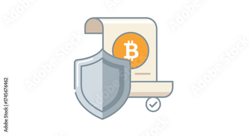 Line Art Shield and Bitcoin Cryptocurrency Secured Document Illustration