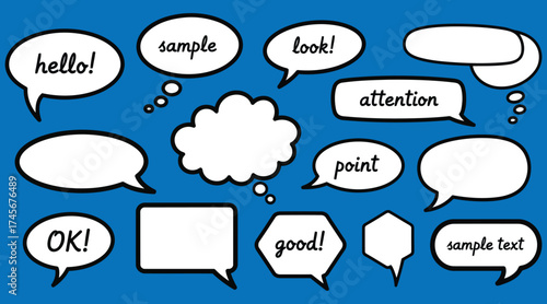 Vector art of collection of speech bubbles with different shapes and text isolated on a blue background for design projects