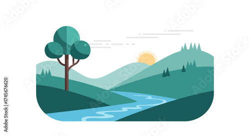 Simple Flat Landscape Illustration with River, Trees, Hills and Sunset