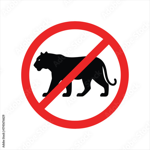 Black silhouette of a tiger inside a red prohibition circle with a diagonal line indicating no entry or warning