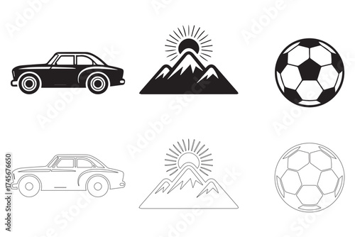 Collection of iconic symbols featuring a car mountains soccer ball and abstract shapes silhouette