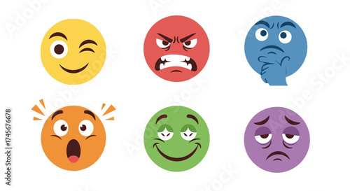 Cartoon Funny Facial Expression Emoji Character Set in a Flat Design