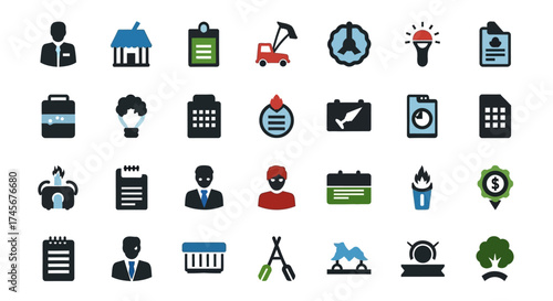 Flat Design Various Business and Industrial Essential Item Shape Icon Set
