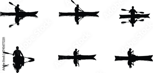 Kayaking silhouette illustration, black kayak paddling design, water sport reflection art, outdoor adventure activity, canoeing vector, fitness lifestyle concept, recreation graphic