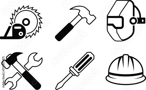 Construction tool icons, black silhouette set, hammer, wrench, screwdriver, welding mask, hard hat, repair symbols, flat vector illustration