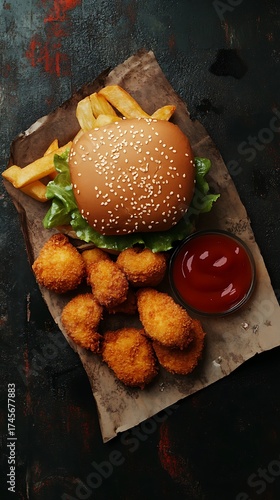 Top View Burger with Nuggets, Lettuce, Fries, and Ketchup on Parchment Paper
