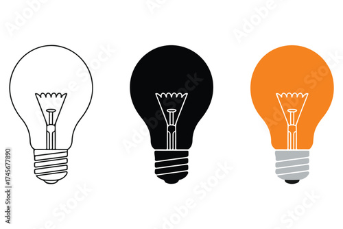 Three different styles of light bulbs showing outline silhouette and bright orange color silhouette