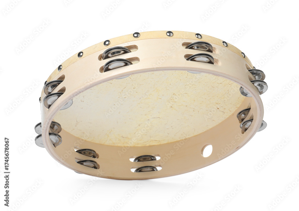 Fototapeta premium One tambourine isolated on white. Musical instrument