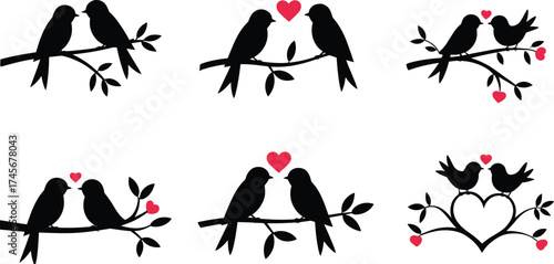 Love birds silhouette, romantic bird couple, heart branch design, black vector icon, valentine theme artwork, flat vector illustration