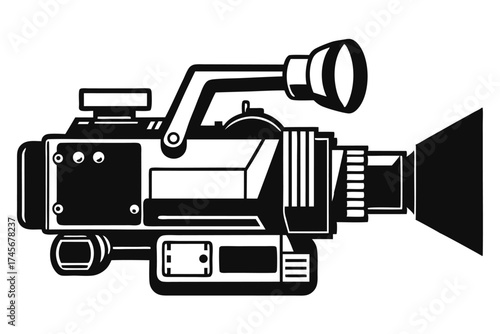 Black and White Vector Illustration of a Professional Camcorder with Lens and Handle