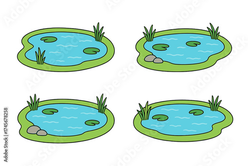 Cartoon pond and lake vector icon set. Collection of small water bodies with reeds, lily pads, and stones. Natural park and garden landscape elements isolated on white background.