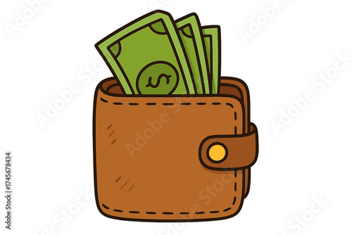 Wallet with money vector illustration. Brown purse full of cash dollars. Financial success, savings, wealth, salary, income, budget concept. Business payment symbol. Isolated.