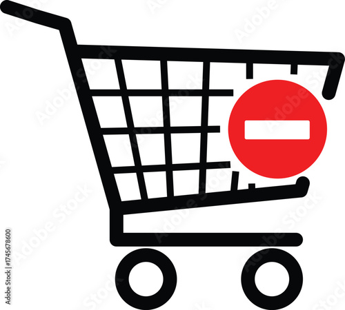 Black shopping cart icon with red circle and white minus symbol remove delete