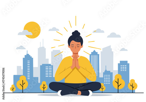 A serene woman meditates outdoors amidst a city skyline, radiating positivity. Soft light and a mindful pose create a calming, modern image.