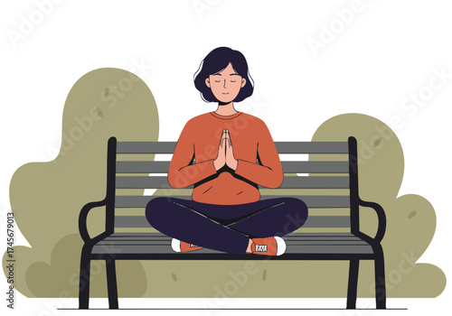 A serene woman meditates on a park bench, fostering mindfulness and peace. Soft colors and a calming composition create a visually appealing image for wellness content.