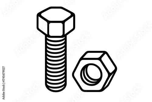Structural bolt and hex nut icon in black outline style, isolated on white background. Construction, repair, and building hardware tool symbol vector illustration with transparent background.