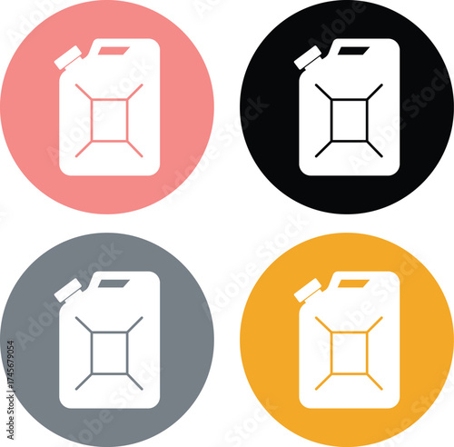 Four white jerrycan icons in pink black grey and yellow circles gas can fuel container