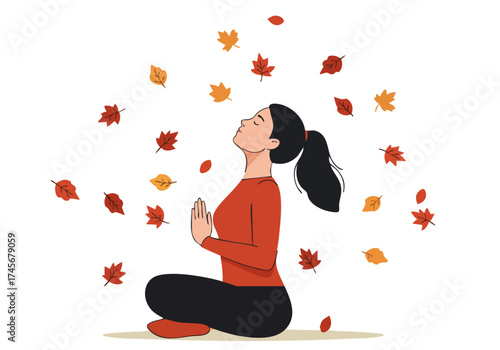 A serene woman meditates outdoors amidst falling autumn leaves. She?s dressed in a red sweater, creating a warm, inviting autumn scene. Focus on tranquility and seasonal beauty.