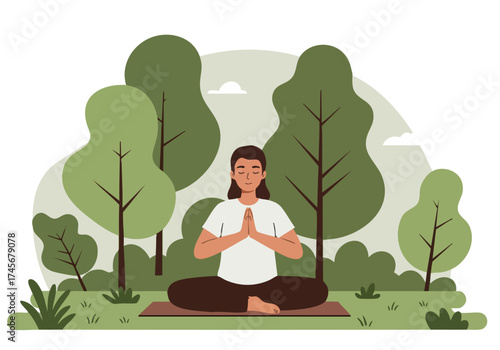 A serene woman meditates outdoors amidst lush trees. She?s dressed casually, practicing yoga in a peaceful natural setting. Calm and mindful.